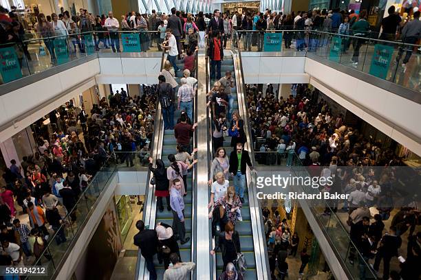 Aerial view of Londoners crowding inside during the opening day of the Westfield Stratford shopping mall. Situated on the fringe of the 2012 Olympic...
