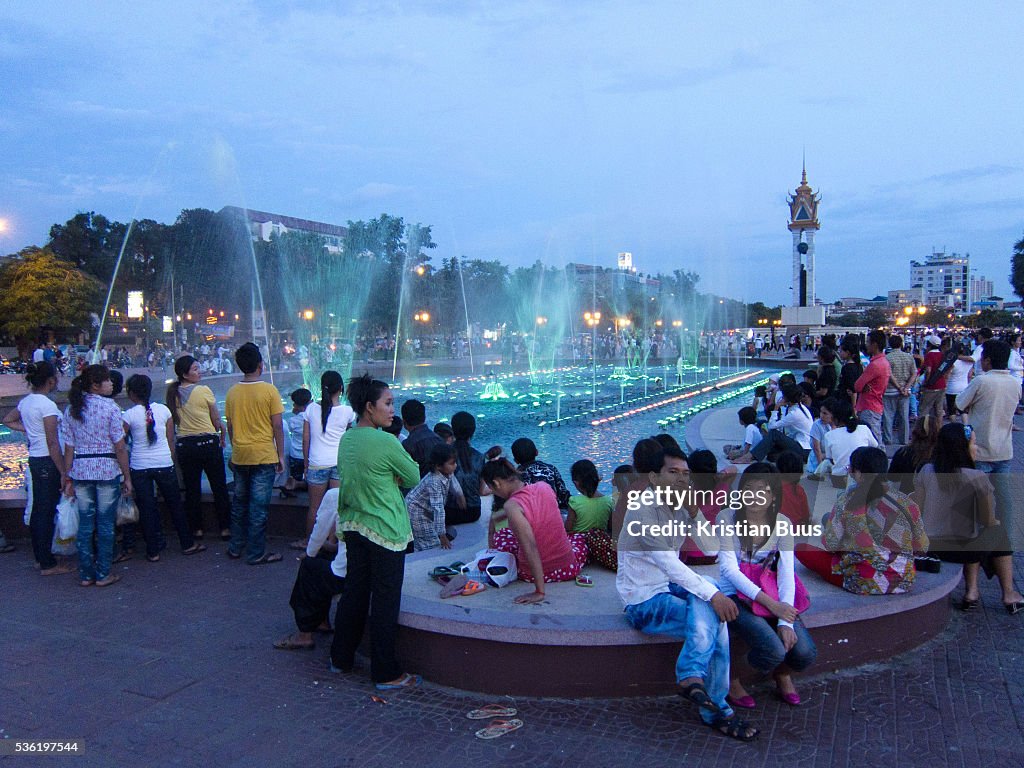 Cambodia - Phnom Penh - Locals congregating in a park enjoying the balmy Sunday evening.