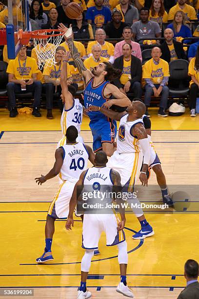 Playoffs: Oklahoma City Thunder Steven Adams in action vs Golden State Warriors Stephen Curry at Oracle Arena. Game 5. Oakland, CA 5/26/2016 CREDIT:...