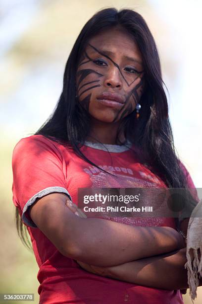 Female Guarani villagers with traditional face painting on. The Guarani are one of the most populous indigenous populations in Brazil, but with the...