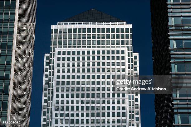 The iconic pyramid roof of landmark skyscraper, One Canada Square in Canary Wharf, Docklands, London United Kingdom. This building is the second...