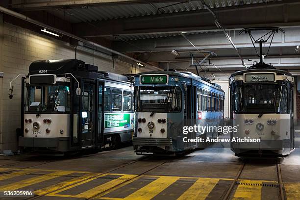 Three De Lijn electric tams parked in the depot in Ghent, Belgium.