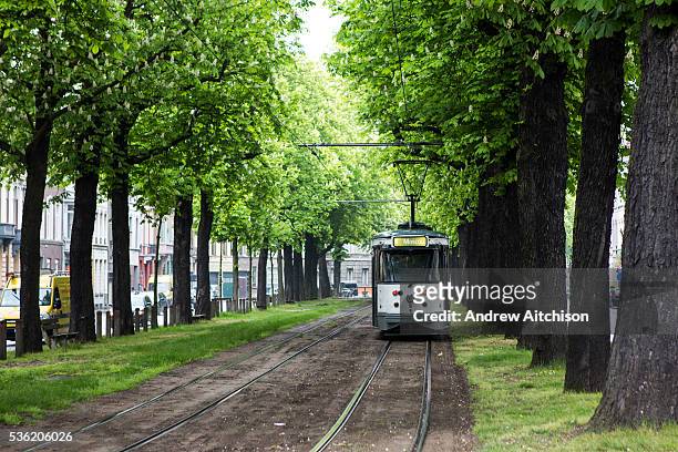 Belgium tram travels through a green park on the Ghent tram network run by De Lijn Ghent city, Belgium.