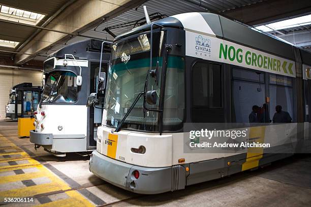 Side view of a new De Lijn public transport electric trams parked in the depot in Brusselsesteenweg in Gentbrugge, Ghent, Belgium. The trams have...