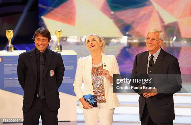 Italy head coach Antonio Conte, Tv presenter Antonella Clerici and the former Italy head coach Marcello Lippi attend the 'Sogno Azzurro' TV programme...