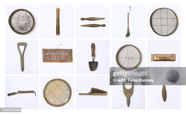 Selection of old, traditional wooden, gardening tools from the potting shed, Newby Hall estate and gardens, Ripon, North Yorkshire, UK