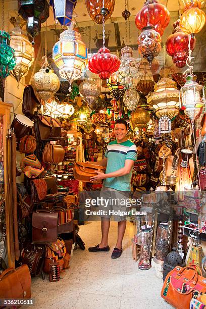 lamps and leather goods shop in tunis medina - tourism in tunisia stock pictures, royalty-free photos & images