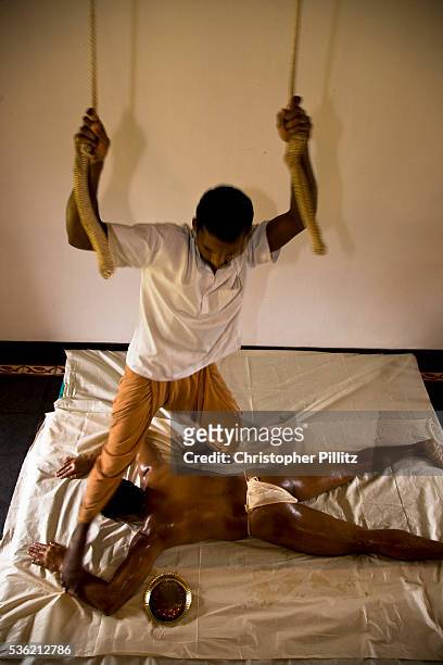 Patient receives Kalari uzhichil as part of the preparatory steps before the full Ayurvedic treatment begins. Ayurveda is considered a holistic...