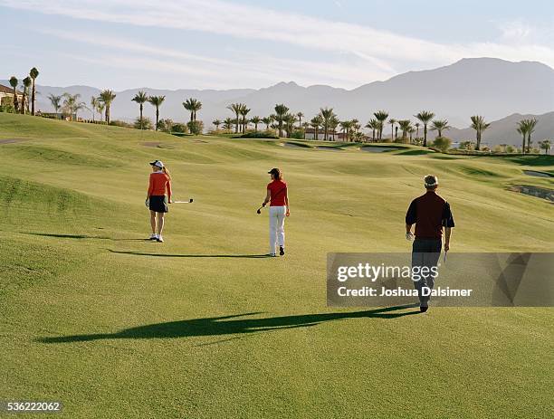 golfers walking across golf course - country club foto e immagini stock
