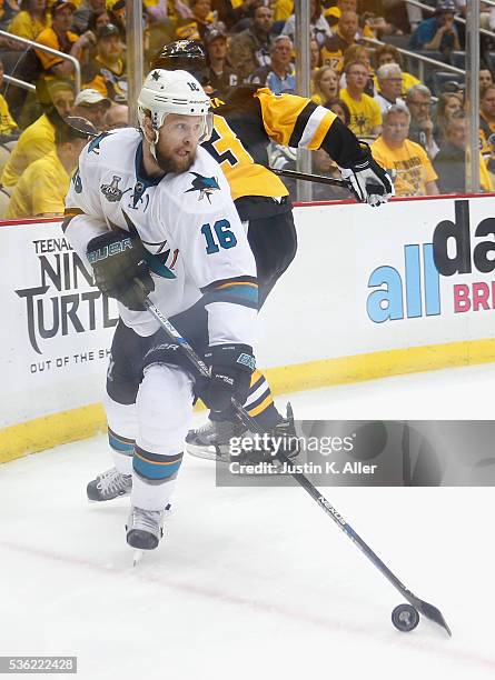 Nick Spaling of the San Jose Sharks in action against the Pittsburgh Penguins in Game One of the 2016 NHL Stanley Cup Final at Consol Energy Center...