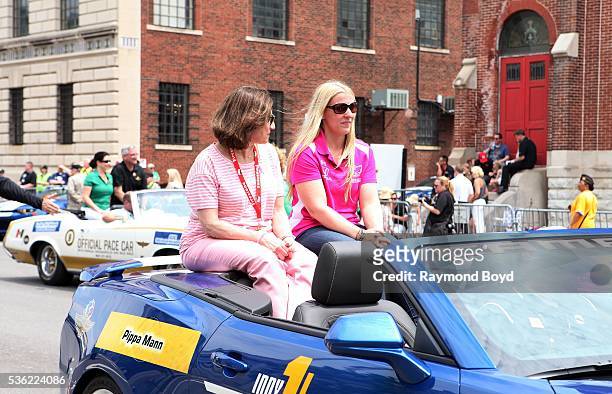 May 28: Race car driver Pippa Mann makes her way South on Pennsylvania Street during the Indianapolis 500 Festival Parade in downtown Indianapolis,...