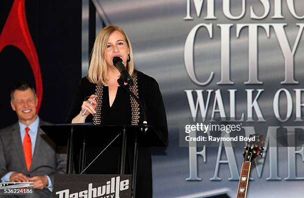 Nashville Mayor Megan Barry speaks during Sam Moore and Alabama's Walk Of Fame induction ceremony in 'Walk of Fame Park' in Nashville, Tennessee on...
