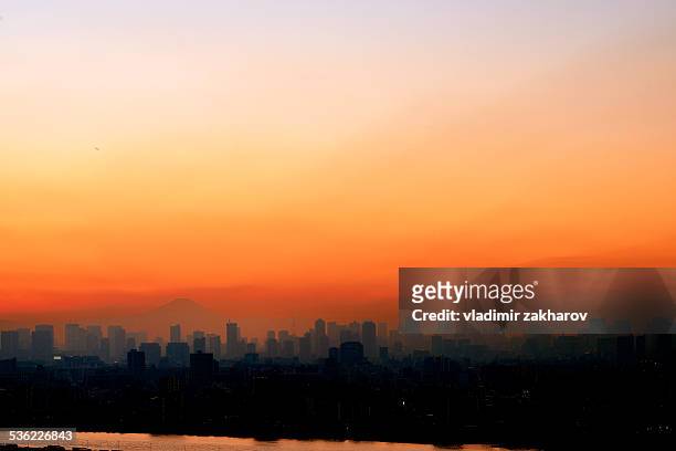 hazy skyline of tokyo at sunset - tokyo skyline sunset stock pictures, royalty-free photos & images