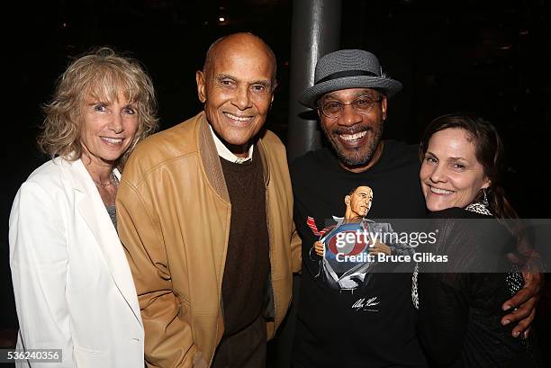 Pamela Frank, husband Harry Belafonte, Joe Morton and partner Christine Lietz pose backstage at the hit play "Turn Me Loose" at The Westside Theatre...
