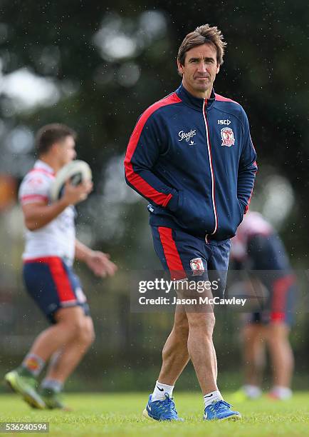 Andrew Johns halves coach of the Roosters watches on during a Sydney Roosters NRL training session at Moore Park on June 1, 2016 in Sydney, Australia.