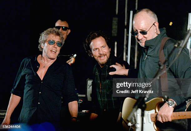 Roger Daltrey, Eddie Vedder and Pete Townshend perform onstage at WHO Cares About The Next Generation at a private residence on May 31, 2016 in...