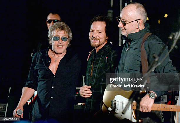 Roger Daltrey, Eddie Vedder and Pete Townshend perform onstage at WHO Cares About The Next Generation at a private residence on May 31, 2016 in...