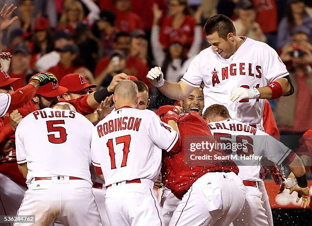 Albert Pujols, Shane Robinson, and Kole Calhoun of the Los Angeles Angels of Anaheim swarm C.J. Cron of the Los Angeles Angels of Anaheim after Cron...