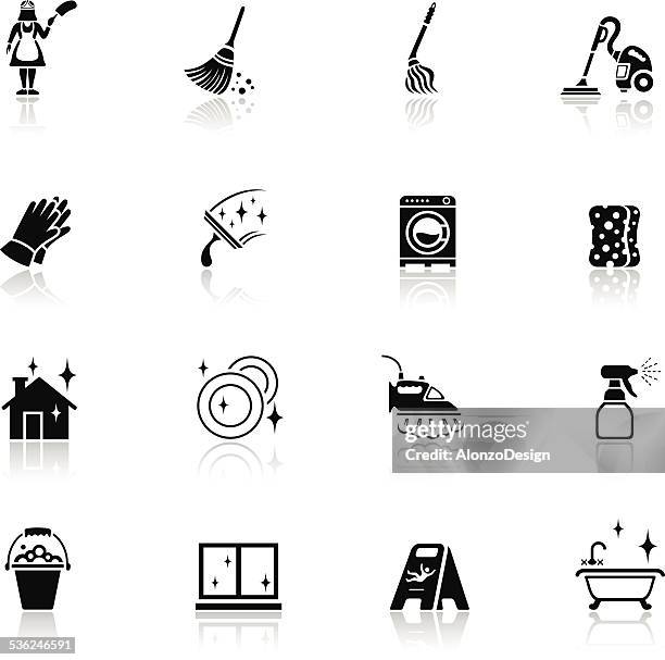 ilustraciones, imágenes clip art, dibujos animados e iconos de stock de iconos de limpieza - escoba