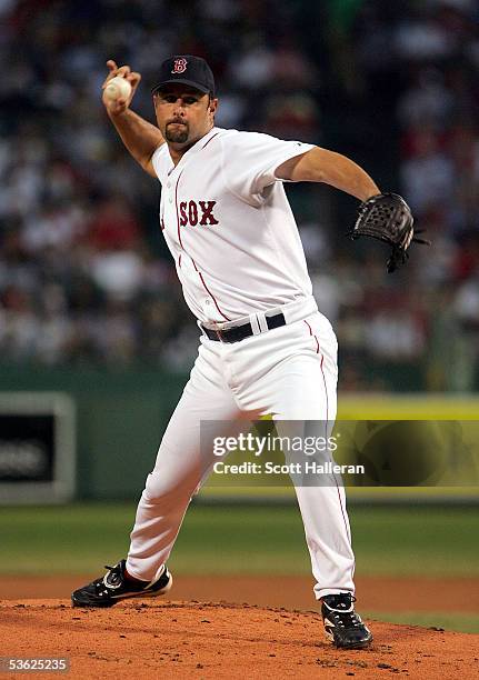 Tim Wakefield of the Boston Red Sox hurls a pitch in the first inning agasinst the Tampa Bay Devil Rays on August 31, 2005 at Fenway Park in Boston,...