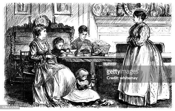 viktorianische frau sprechen mit ihrem bereiten sie sich mit ihrer familie an - mittelstand stock-grafiken, -clipart, -cartoons und -symbole