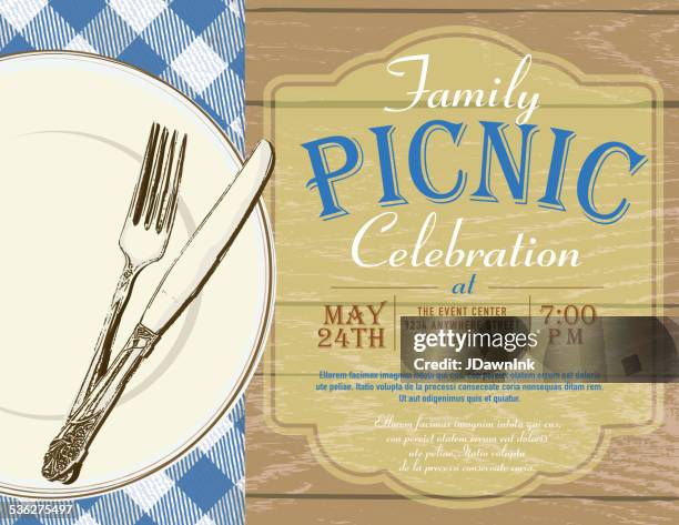 picnic invitation design template blue check tablecloth - gingham tablecloth stock illustrations