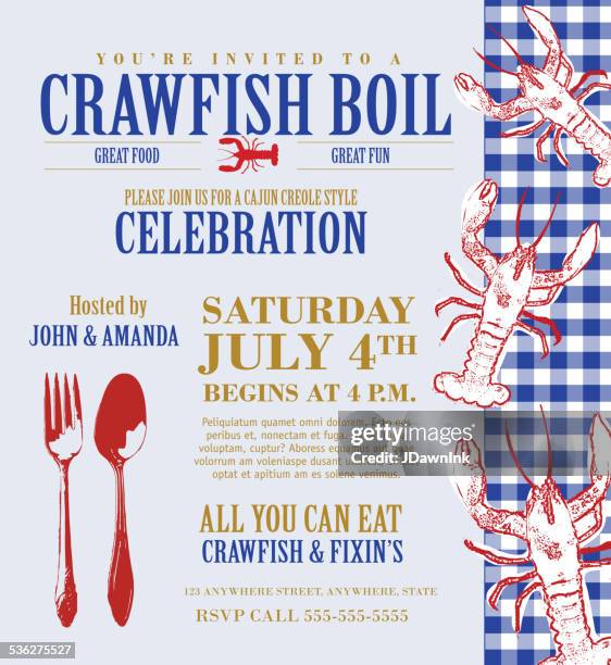 crawfish boil invitation design template pale blue background - crayfish pattern stock illustrations
