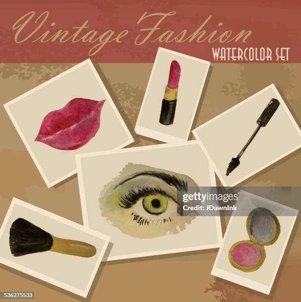 vintage fashion aquarell set - puderdose stock-grafiken, -clipart, -cartoons und -symbole