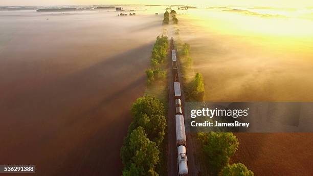 貨物列車ロール霧の中で、素晴らしい景観に日の出ます。 - 貨物列車 ストックフォトと画像