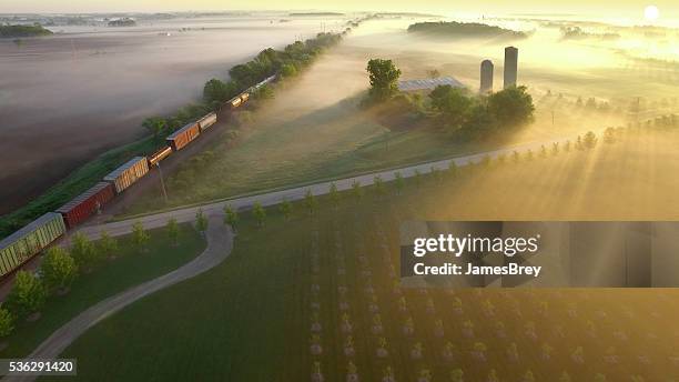 鉄道駅のロール息を呑むように美しい、霧の夜明けの景色 - 貨物列車 ストックフォトと画像