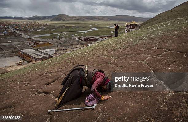 Tibetan nomad woman prays on the 15th day of Saka Dawa, the holiest day of the Buddhist calendar when it is prohibited from harvesting, on May 21,...