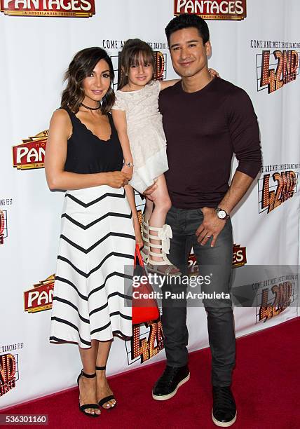 Courtney Mazza, Gia Francesca Lopez and Mario Lopez attend the opening night of "42nd Street" at the Pantages Theatre on May 31, 2016 in Hollywood,...