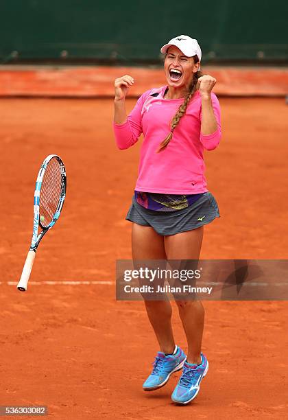 Yulia Putintseva of Kazakhstan celebrates victory during the Ladies Singles fourth round match against Carla Suarez Navarro of Spain on day eleven of...