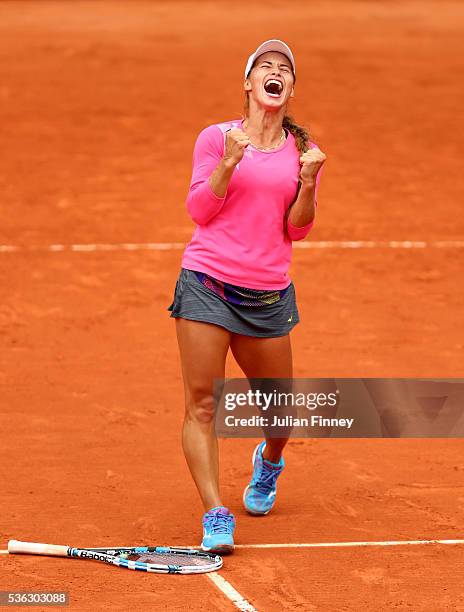 Yulia Putintseva of Kazakhstan celebrates victory during the Ladies Singles fourth round match against Carla Suarez Navarro of Spain on day eleven of...