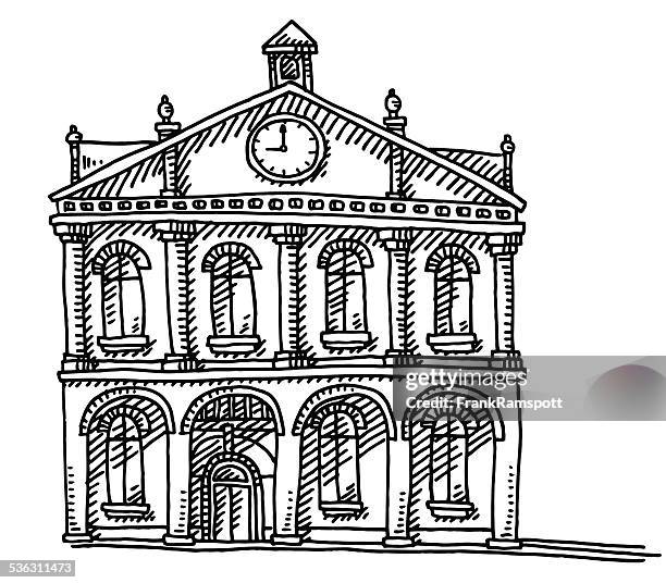 illustrazioni stock, clip art, cartoni animati e icone di tendenza di municipio vecchio edificio disegno di clock - campanile orologio