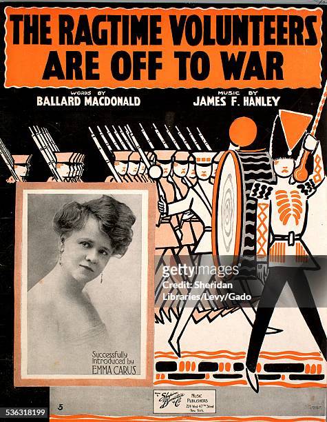 Sheet music cover image of 'The Ragtime Volunteers Are Off To War' by Ballard MacDonald and James F Hanley, with lithographic or engraving notes...
