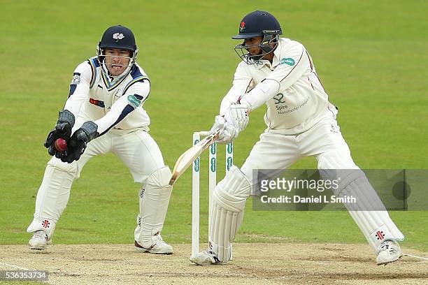 Haseeb Hameed of Lancashire is caught by Yorkshire wicket keeper Andy Hodd during day four of the Specsavers County Championship: Division One match...
