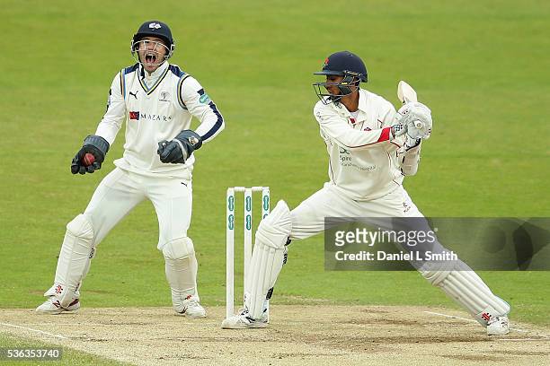 Yorkshire wicket keeper Andy Hodd reacts after catching the ball off Haseeb Hameed of Lancashire during day four of the Specsavers County...