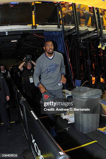 Kevin Durant of the Oklahoma City Thunder runs out before Game One of the Western Conference Finals against the Oklahoma City Thunder during the 2016...