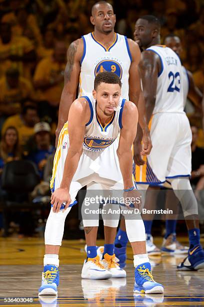 Stephen Curry of the Golden State Warriors stands on the court in Game One of the Western Conference Finals against the Oklahoma City Thunder during...