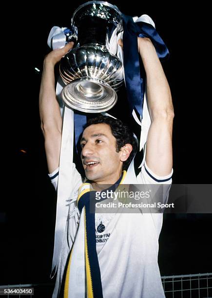Osvaldo Ardiles of Tottenham Hotspur celebrates with the trophy after the FA Cup Final Replay between Tottenham Hotspur and Manchester City at...