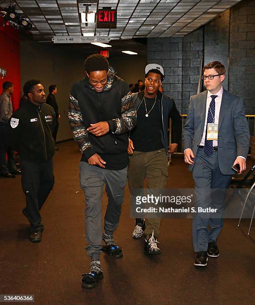 DeMar DeRozan and Kyle Lowry of the Toronto Raptors arrive before Game Three of the Eastern Conference Finals against the Cleveland Cavaliers during...