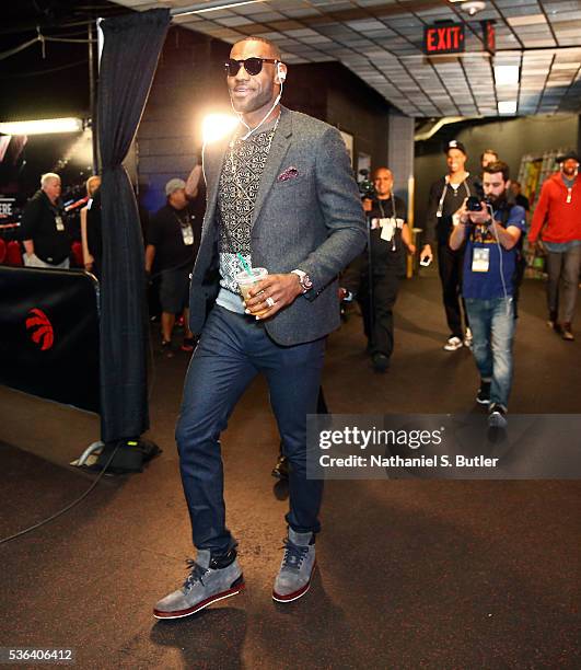 LeBron James of the Cleveland Cavaliers arrives before Game Three of the Eastern Conference Finals against the Toronto Raptors during the 2016 NBA...