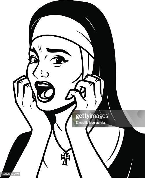 retro screen print of a terrified nun - nun vector stock illustrations