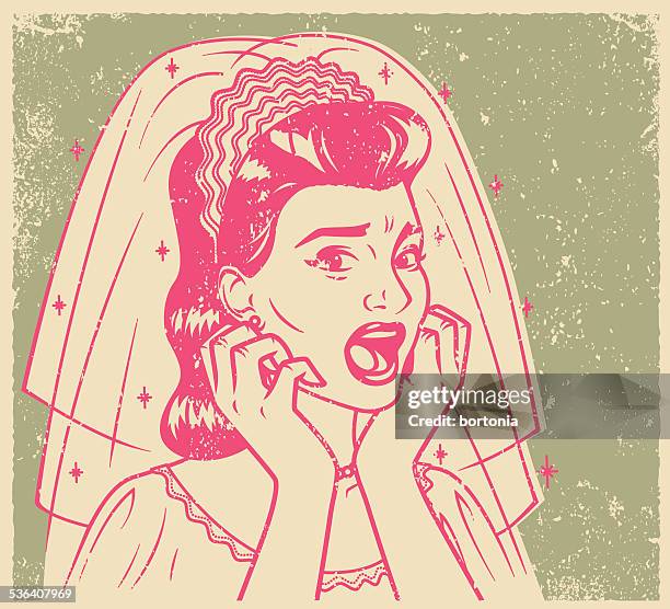 retro screen print of a terrified bride - wedding nightmare stock illustrations