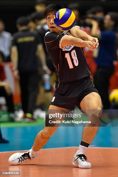 Yuta Yoneyama of Japan receives the ball during the Men's World Olympic Qualification game between Japan and Iran at Tokyo Metropolitan Gymnasium on...