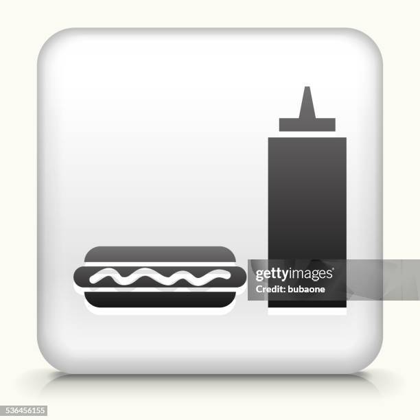 square button with hotdog and ketchup - bread roll white background stock illustrations