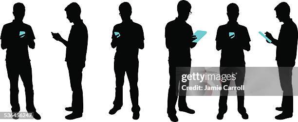 stockillustraties, clipart, cartoons en iconen met silhouette people with mobile devices - staan