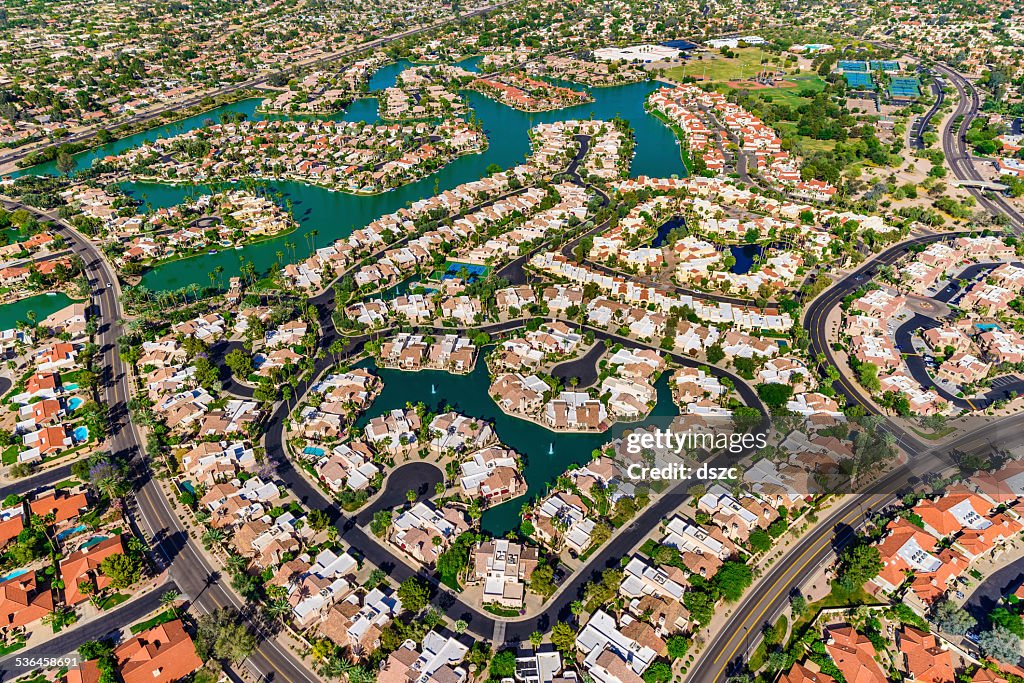 Scottsdale Phoenix Arizona suburban housing development neighborhood - aerial view