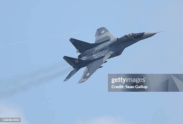 Mikoyan MiG-29 plane of the Polish Air Force flies at the ILA 2016 Berlin Air Show on June 1, 2016 in Schoenefeld, Germany. The A400M has been...